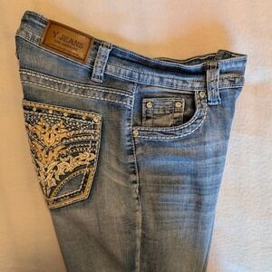 Y Jeans Women's 5/6 Blue Boot Cut Thick Stitch Stretch Denim Y2K Rhinestones